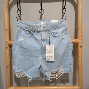 Zara Sky Blue Ripped Jean Shorts